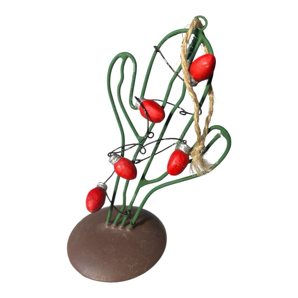 Handcrafted Metal Wire Cactus Ornament Sculpture Red Bulbs 4.5"